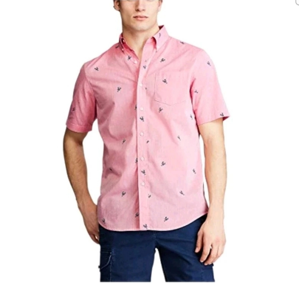 New Chaps Mens L Pink Lobster Print Short Sleeve Button Down Shirt Front Pocket